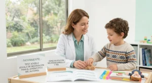 Especialista en neurodesarrollo realizando el Test ADOS-2 a un niño en consulta para el diagnóstico de autismo en Centro Novamente.
