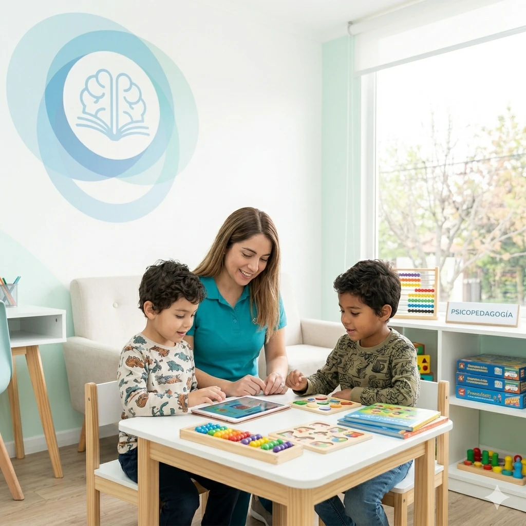 Especialista en psicopedagogía trabajando en técnicas de estimulación cognitiva y estrategias de aprendizaje con un estudiante en consulta.